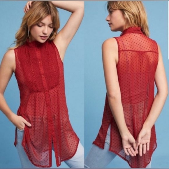 Vanessa Virgina Tops - NWOT Vanessa Virgina Mesh Dot Button Up Tunic - Orange - L